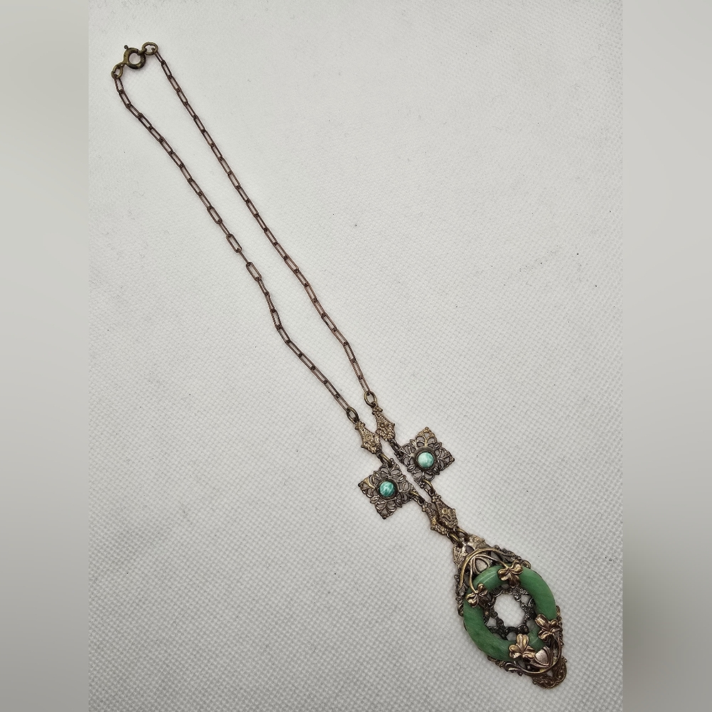 Czech Brass Shamrock Green Glass Necklace 16 Inch Antique 1920s 1930s Lucky - Picture 4 of 12